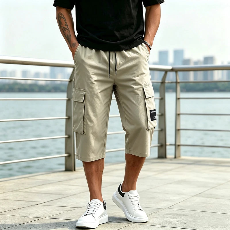 Men 7/8 Length Cargo Capri Pants Drawstring Elastic Waist Large Capacity Flap Side Cargo Pockets Daily Outdoor Casual Trousers