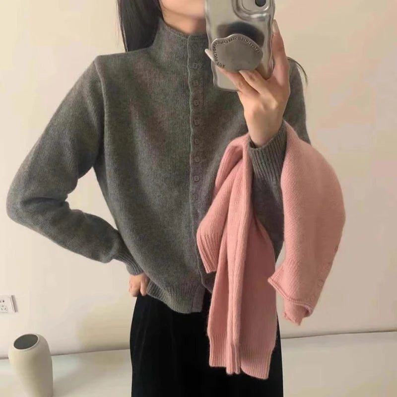Women Stand Collar Button Down Knit Cardigan Sweater Korean Style Casual Knitwear Solid Color Soft Knitted Top for Autumn Winter