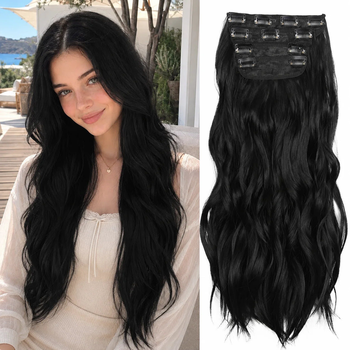 4Pcs/Set 20Inch Synthetic Hair Clip In Long Wavy Thick Hairpieces For Women Full Head Synthetic Hair Extensions Ombre Hairpieces