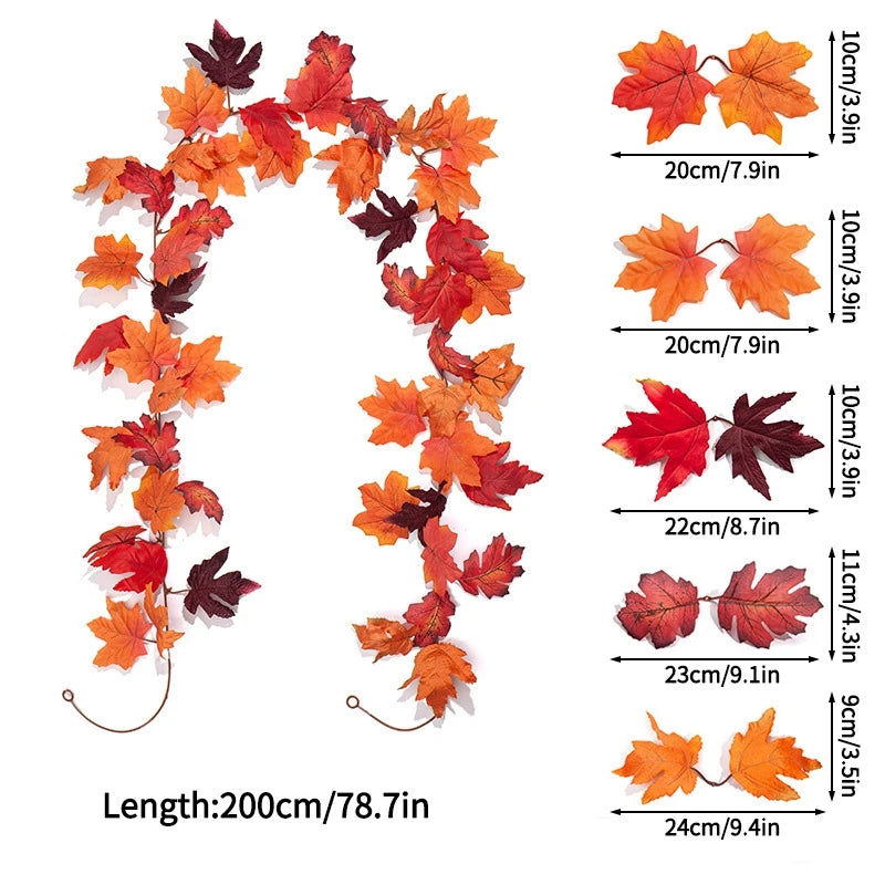 2M Artificial Maple Leaf Garland Fake Fallen Leaves Autumn Decor Rattan for Thanksgiving Halloween Festivals Wedding Xmas Decor