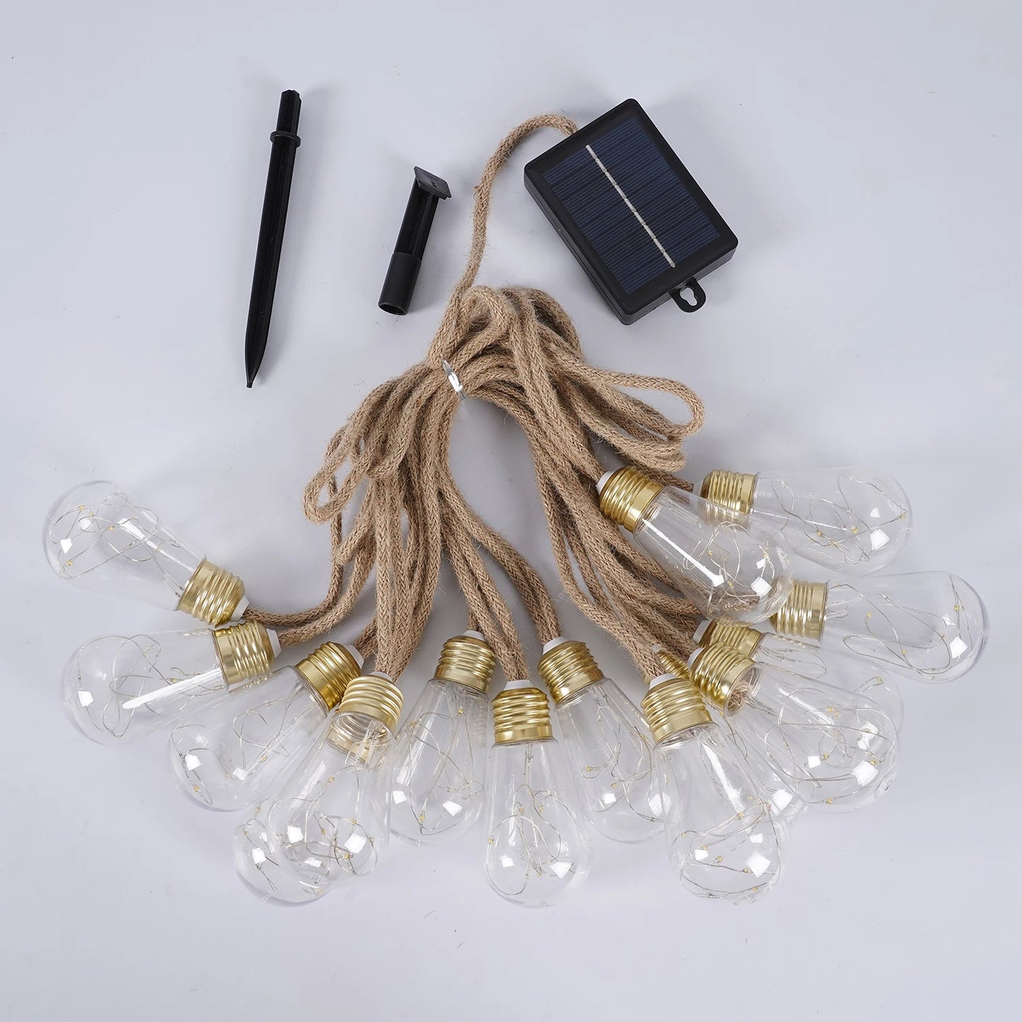 Outdoor solar light string, 10/25 bulb hanging retro hemp rope light string, light source sensing on/off, 12 modes transparent bulb garden string lights, suitable for courtyard, fence, eaves, terrace, wedding decoration, Chri