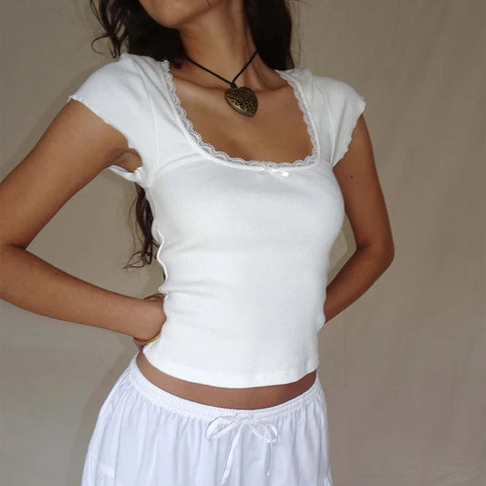 Women's Vintage Baby Tee Cottage Lace Trim Knitted T-Shirt, White Milkmaid Crop Top, Short Sleeve Tee Shirt, Summer, Y2K