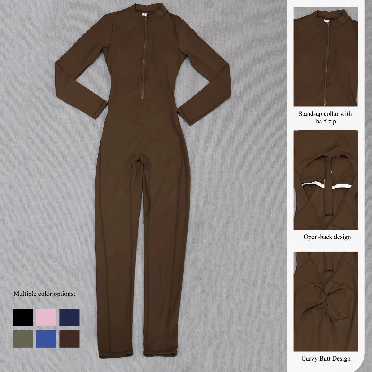 Ctenkevet Women's Long-Sleeved Jumpsuit Butt Lifting Gym Activewear Sport Outfit with Half-Zipper V-Back Design for Ladies