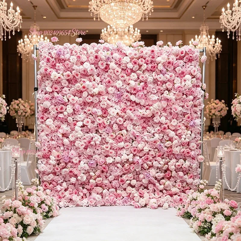 8ft/3.2ft Pink Flower Wall Artificial Silk Rose Backdrop For Wedding Decor Party 5D Floral Wall Roll Up Hanging Event Props