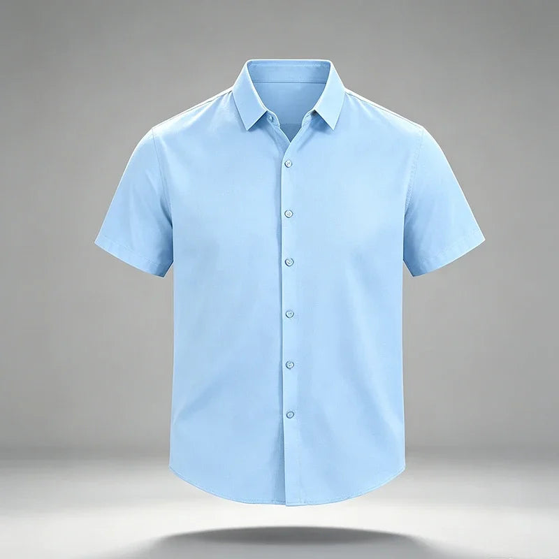 Mens Wrinkle Free Non Iron Silky Stretch Short Sleeve Dress Shirts Standard Point Collar Full Button Summer Office Formal Tops