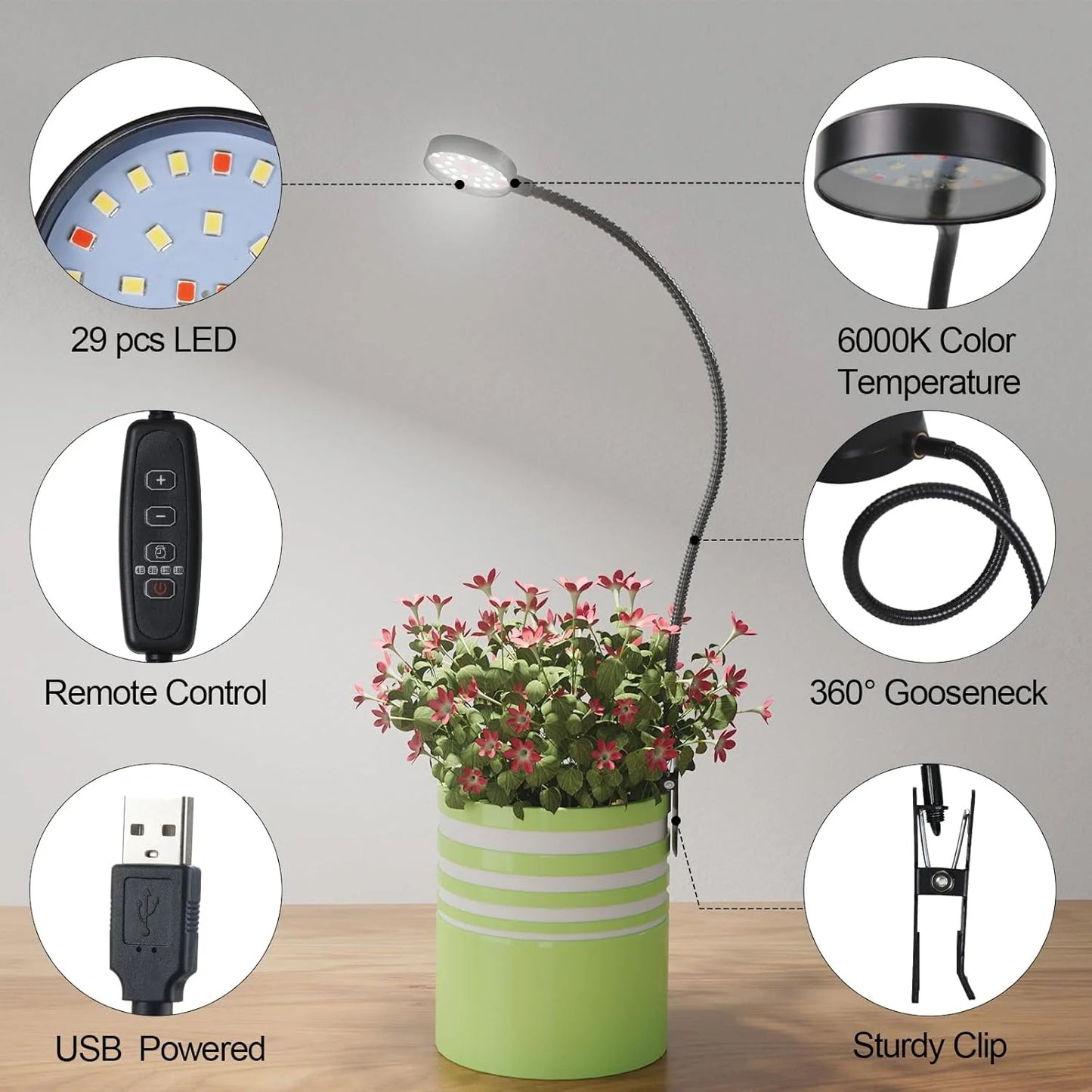 USB LED Grow Light 6000K Full Spectrum Pot Plant Light 5V Gooseneck Clip-on Plant Lamp With Dimmable Auto ON/Off 4/8/12/18Hours