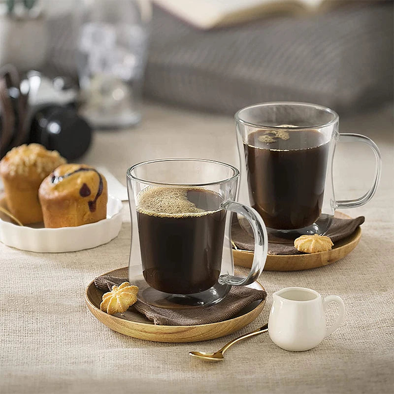 YWDL 1-4pcs Double Wall Glass Espresso Cups Clear Coffee Mug With Handle For Hot Cold Beverage Wine Milk Juice Drinkware Set