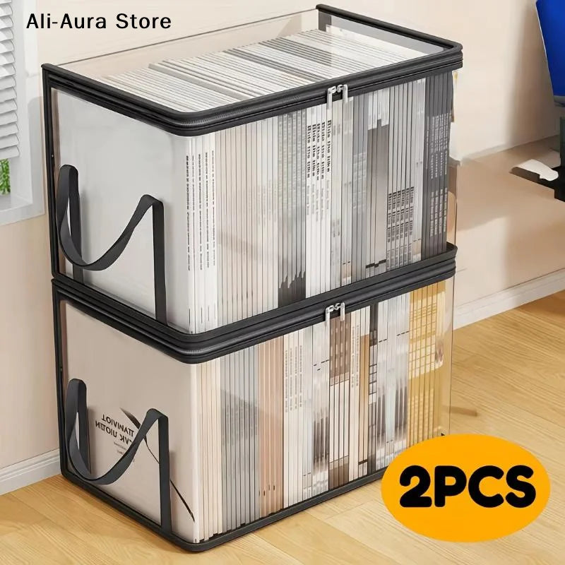 2Pcs Transparent Plastic Book Storage Box Large Capacity Foldable Space-Saving Organizer For Home Office