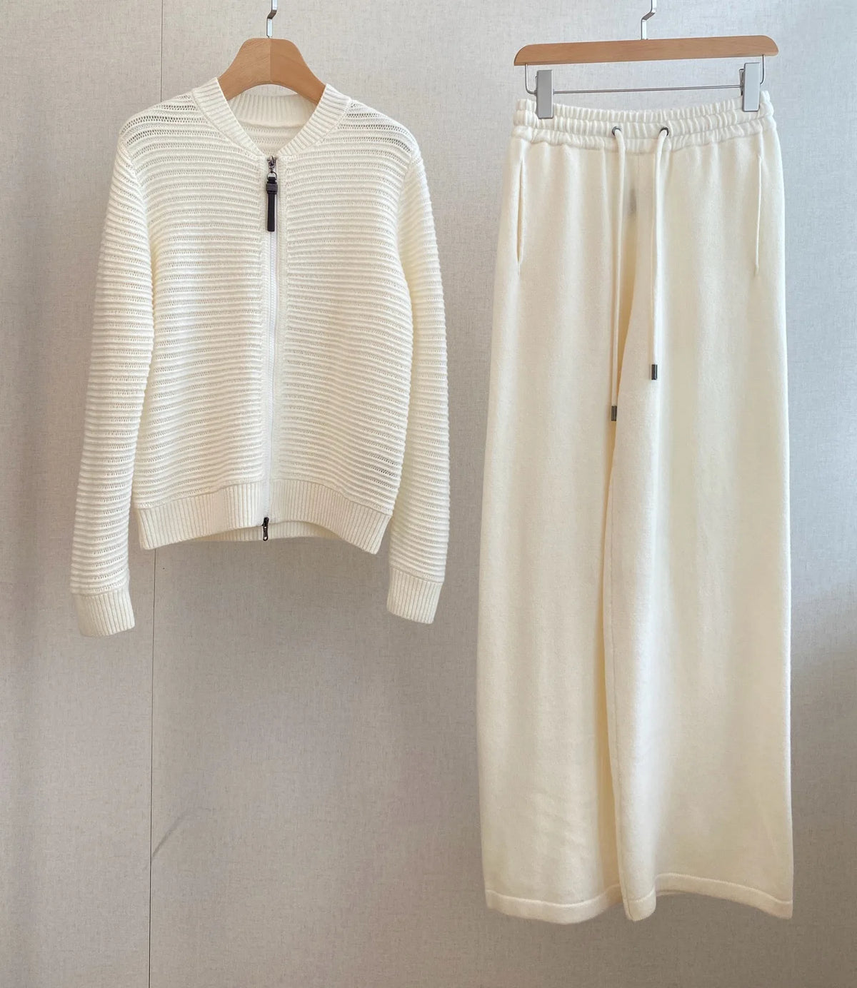Textured Striped Knit Co-ord Set Zip Up Long Sleeve Jacket & High Waist Wide Leg Pants For Women