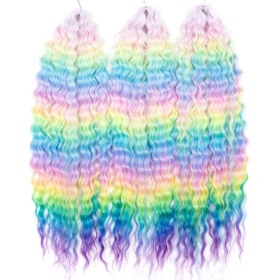 LOVE ME 22 Inch 300g/3pcs Ariel Curl Hair Water Wave Twist Crochet Hair Synthetic Ombre Rainbow Color Braiding Hair Extensions