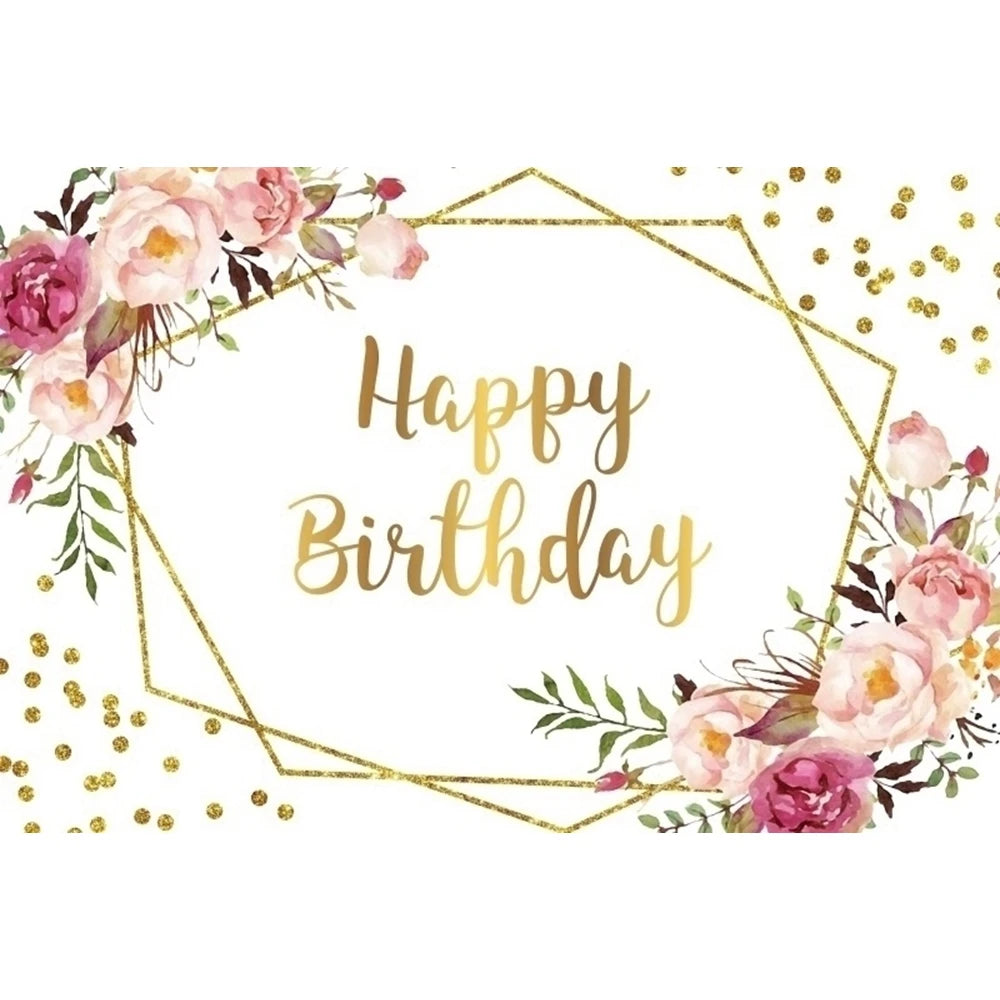 Happy Birthday Backdrop Gold Frame Frame Flower Butterfly Baby Shower Adult Anniversary Birthday Party Photography Background