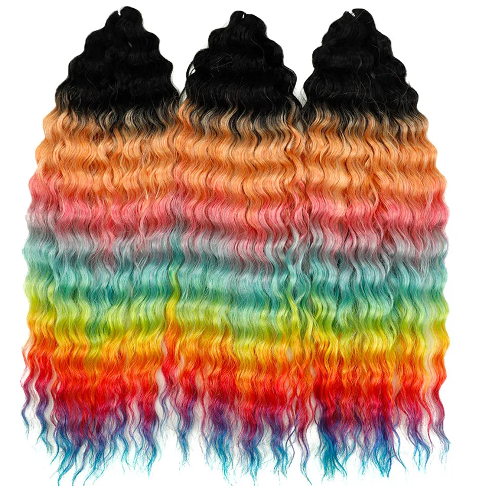 LOVE ME 22 Inch 300g/3pcs Ariel Curl Hair Water Wave Twist Crochet Hair Synthetic Ombre Rainbow Color Braiding Hair Extensions