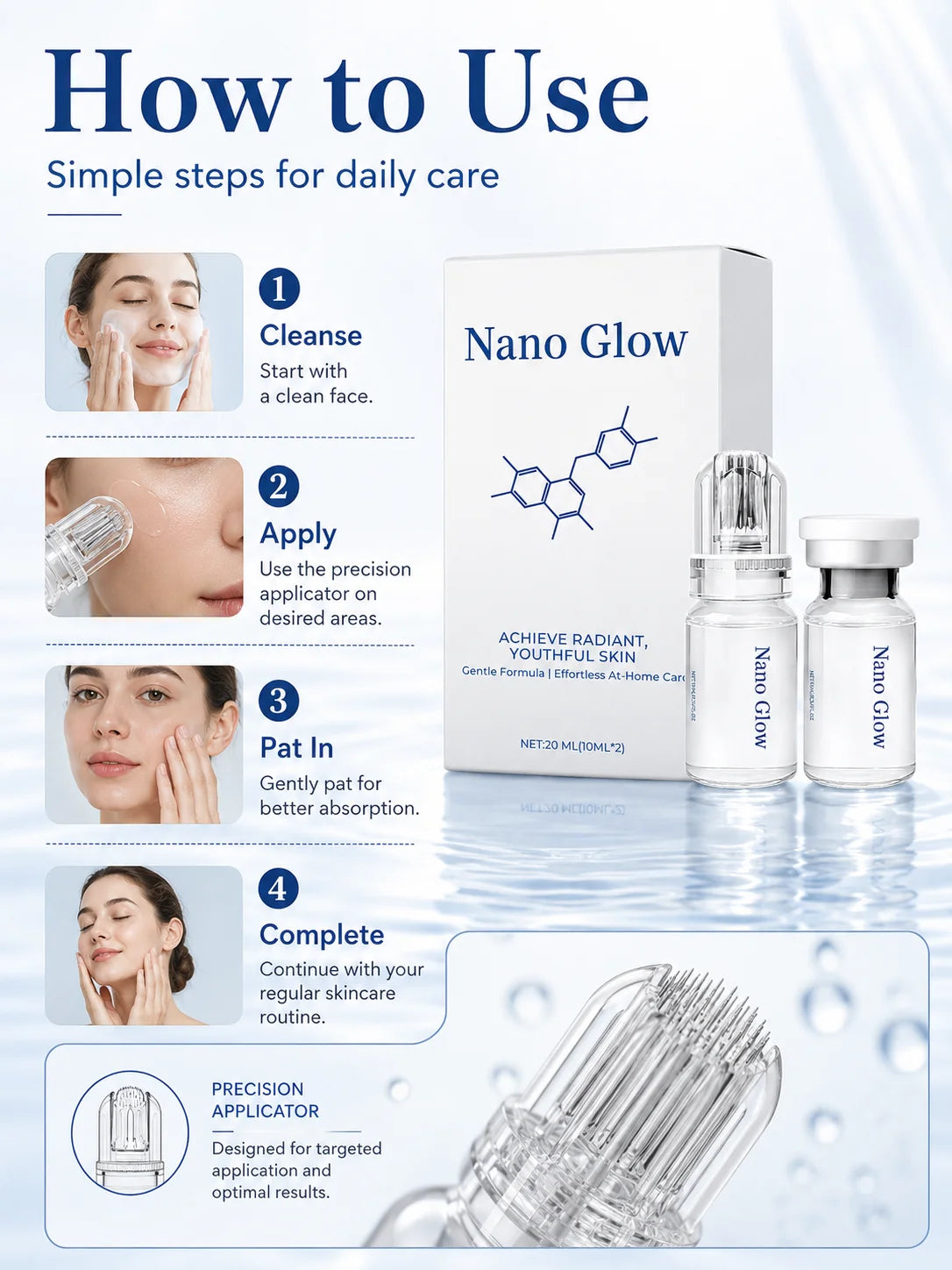 Nano Glow Anti-Aging Serum Kit 2*10ML with Facial Microneedle Roller Hydrating Radiant Youth Skin Home Skin Care