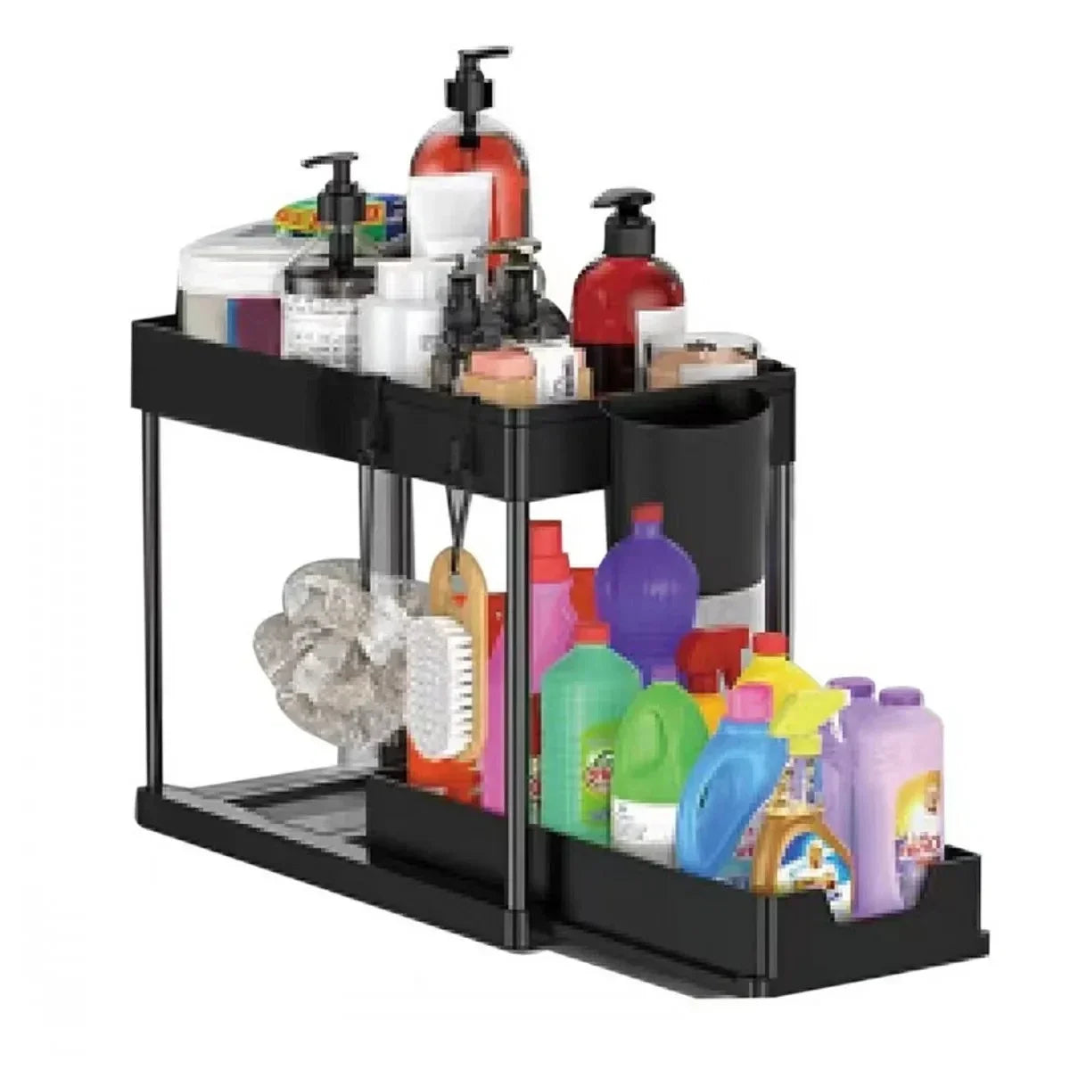 2 Layer Under Basin Retractable Cabinet Basket Storage Holder with Hanging Hooks Cup Rack Restroom Functional Organizer Stand
