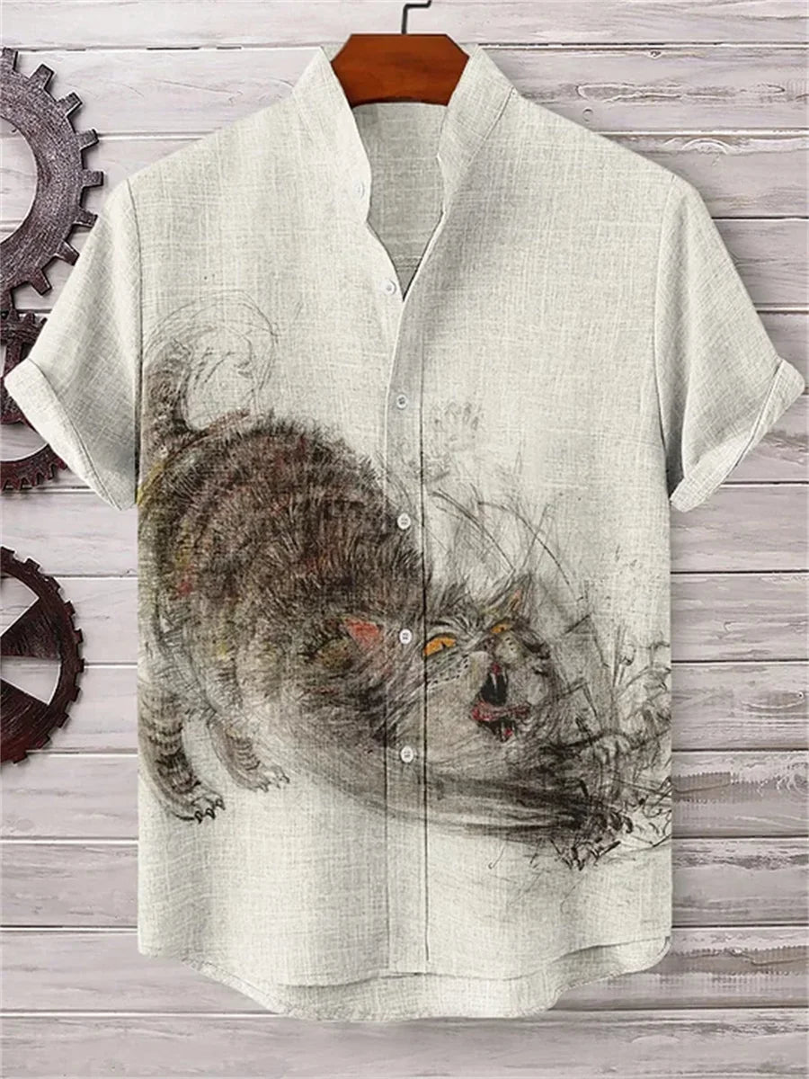 Men's short-sleeved shirt with a fun cat print, stand-up collar, single-breasted casual style. Hawaiian shirt, men's unique top.