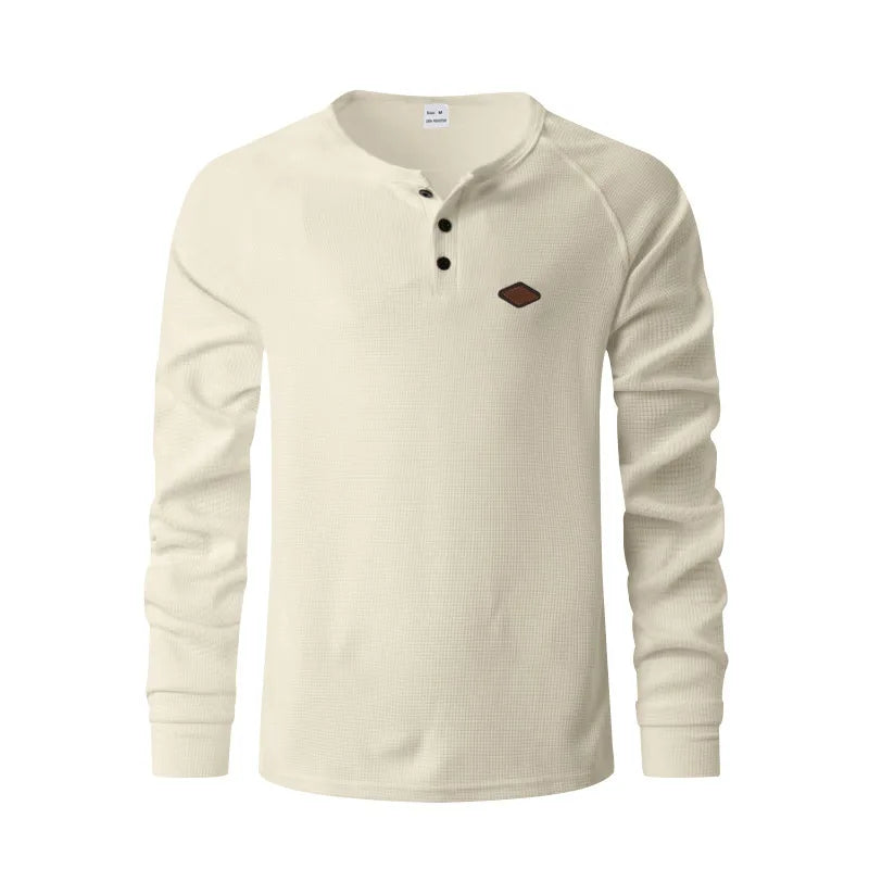 Mens Waffle Texture Henley Neck Long Sleeve Top Raglan Sleeve Leather Label Decor Loose Casual Solid Color Daily Pullover Shirts