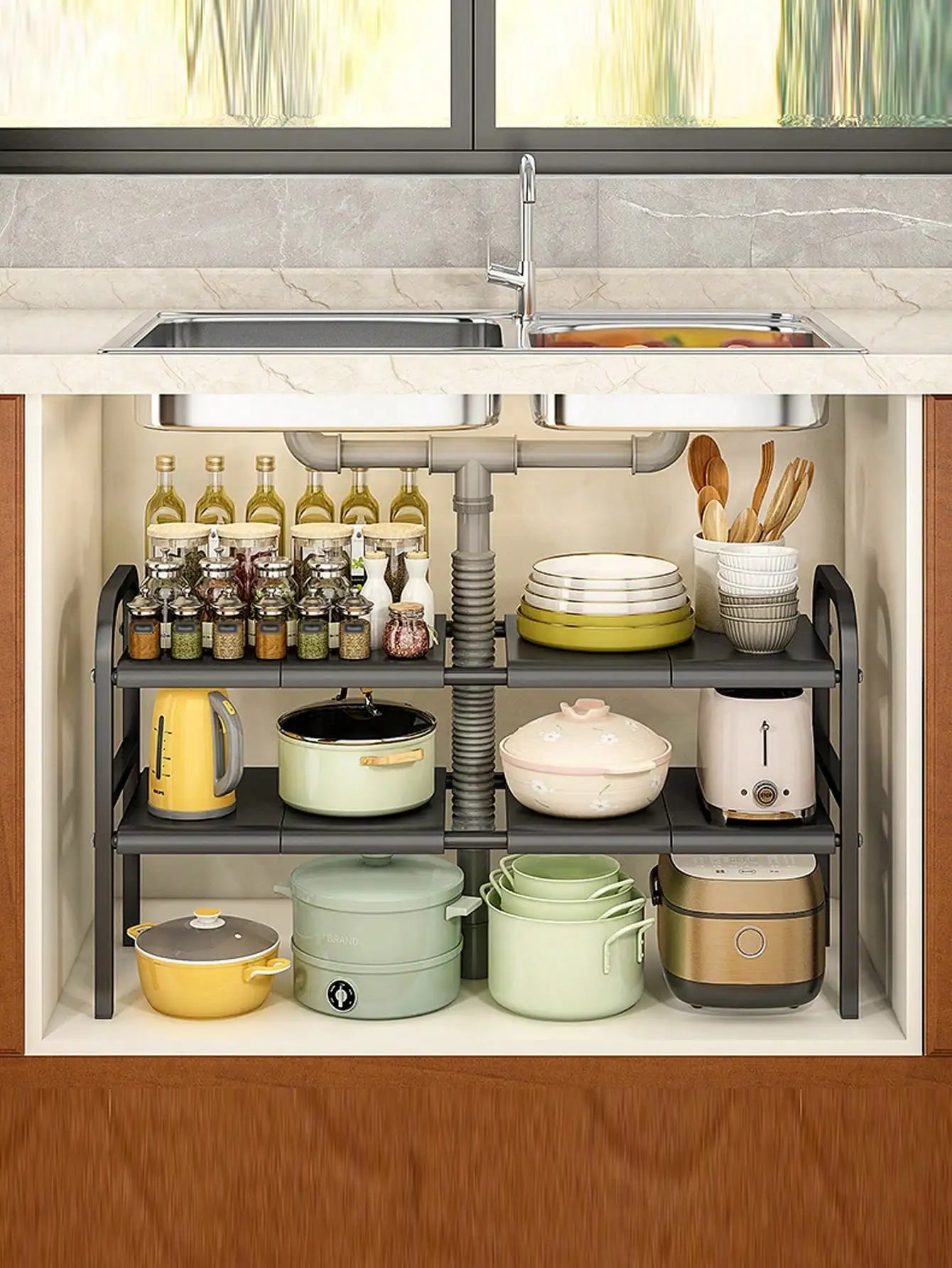 1pc Under Sink Organizer 2 Tier Expandable Kitchen Rack Shelf Black Metal Pot Pan Holder With Removable Panels Height Adjustable Cabinet Storage Shelves Rack For Kitchen Bathroom Counter Organization Gift
