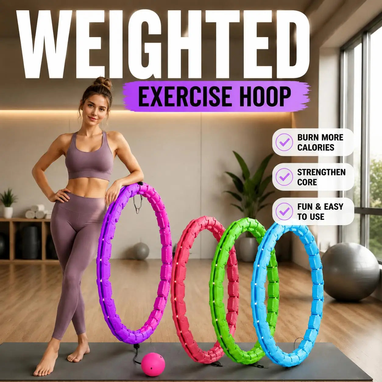 Smart Weighted Fitness Hoop 24 Detachable Links Adjustable Plus Size 47-Inch Slimming Ring Waist Trainer Auto-Spinning Massage Circle for Adults Women Beginners Weight Loss Fat Burning Home Gym Workout Equipment