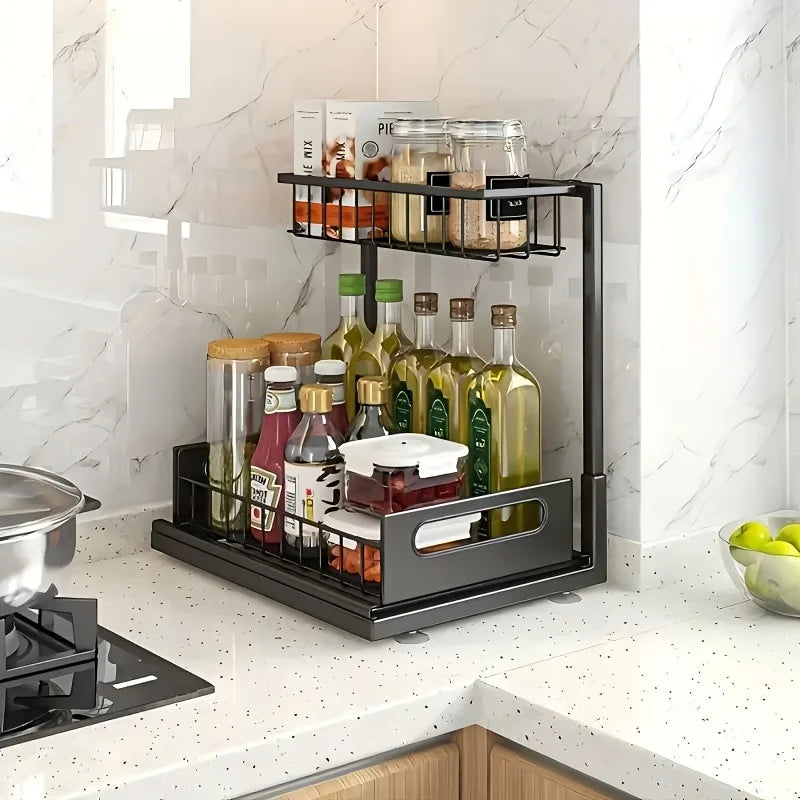Under Sink Slide-Out Storage Rack, Metal Pull-Out Drawer Organizer for Kitchen & Bathroom