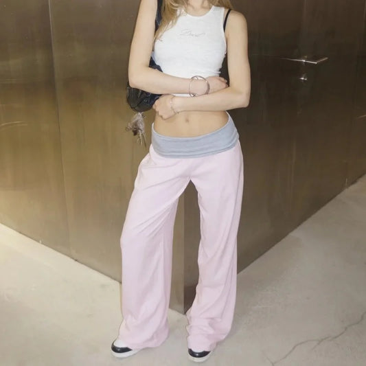 Women Y2K Contrast Fold Over Waist Flare Leggings Low Rise Wide Leg Stretch Yoga Pants Casual Loungewear Streetwear Trousers