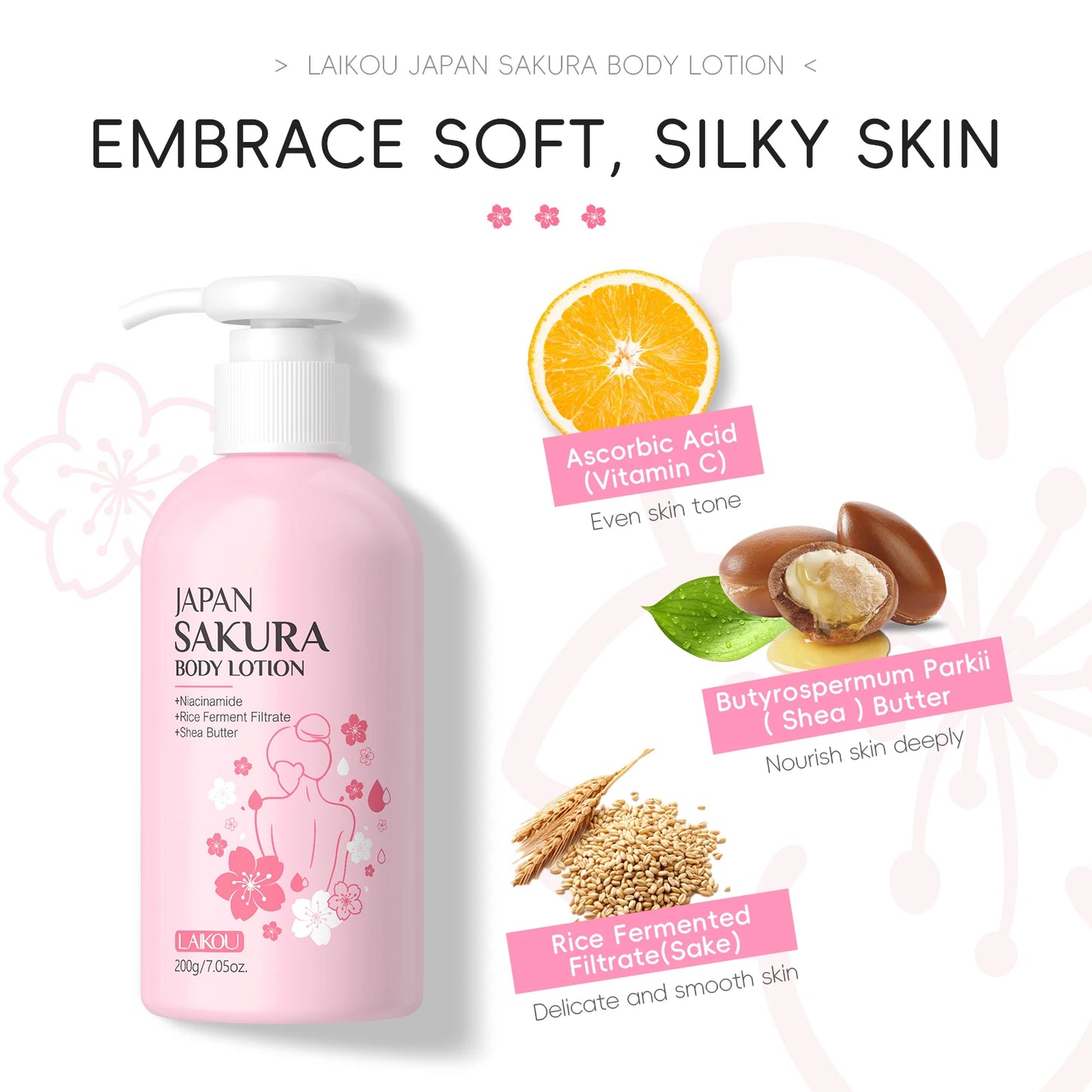 LAIKOU Japan Sakura Body Lotion Nourishing Body Moisturizer Fragrant Body Cream Soft Smooth Skin Treatment 200g