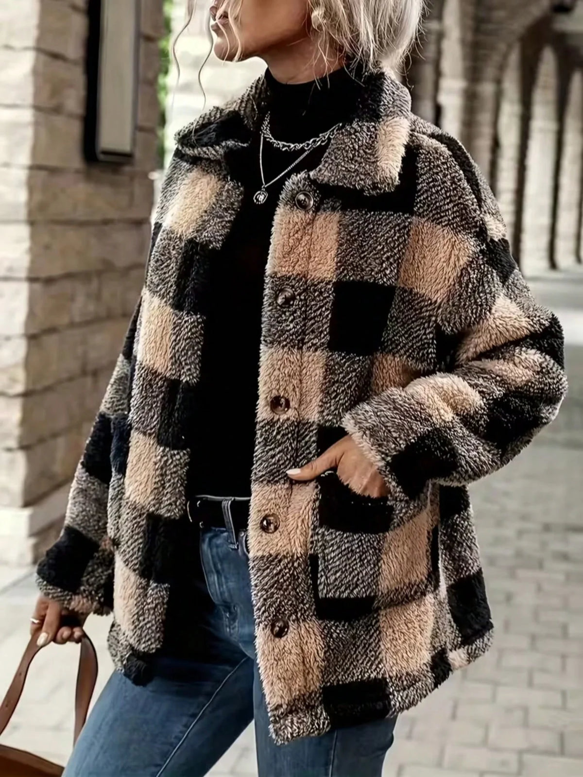 Women's Plaid Fluffy Fleece Lapel Shacket Jacket Fall Clothes 2026 for Women