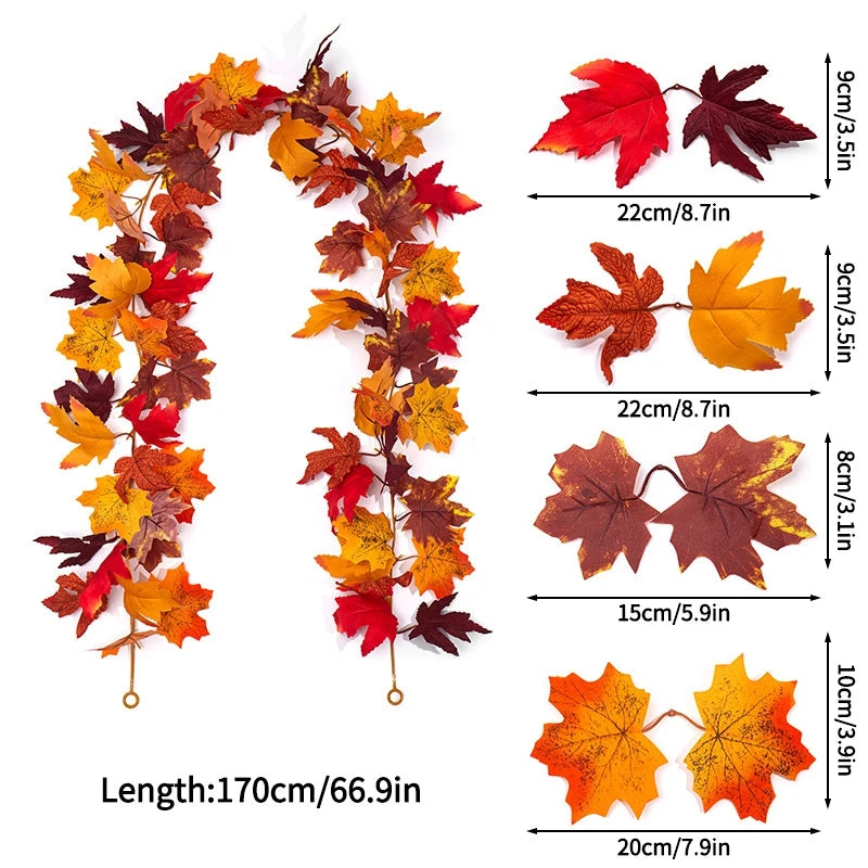 Artificial Maple Leaf Garland Rattan Fake Fallen Leaves Vine  Thanksgiving Halloween Wedding Festival Atmosphere Autumn Decor