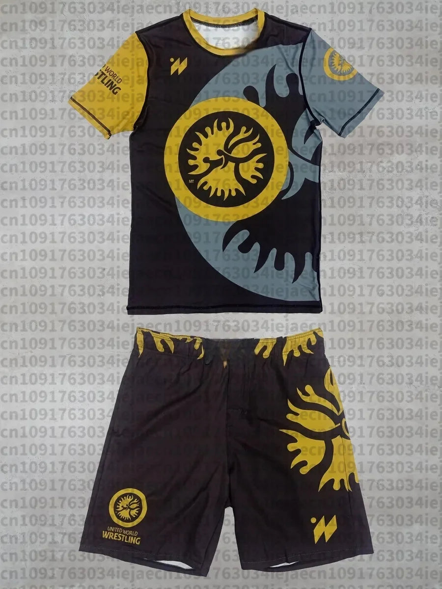 2026 New Summer Men United World Wrestling Sportswear Set Short Sleeve T Shirt and Shorts for MMA Training Lightweight