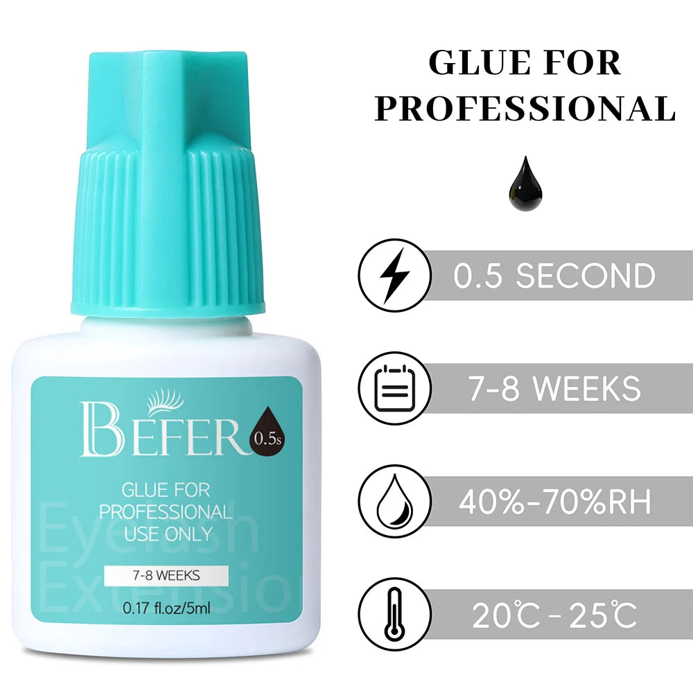 Professional Eyelash Extensions Glue 0.5-1 Sec Fast Drying Black/Clear Color 5ml Lash Glue Low Odor No Irritant Befer Beauty