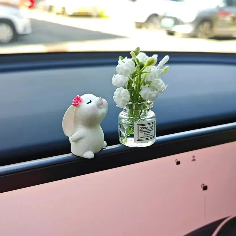 Cute Bunny Car Air Freshener Mini Vase Ornament Auto Center Console Smart Screen Floral Fragrance Pendant Decor
