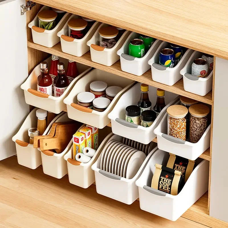 2pcs Curved Design Storage Boxes - Heavy-Duty Plastic Organizer, White Space-Saving Container for Under Sink, Pantry & Cabinet