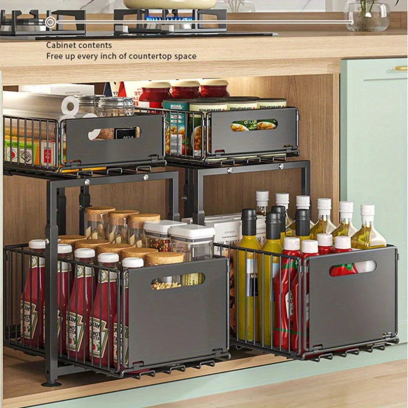 2 Tier Slide Out Cabinet Organizer Heavy Duty, Under Sink Storage Shelf for Kitchen Bathroom, Adjustable Metal Shelf 1/2 Pack