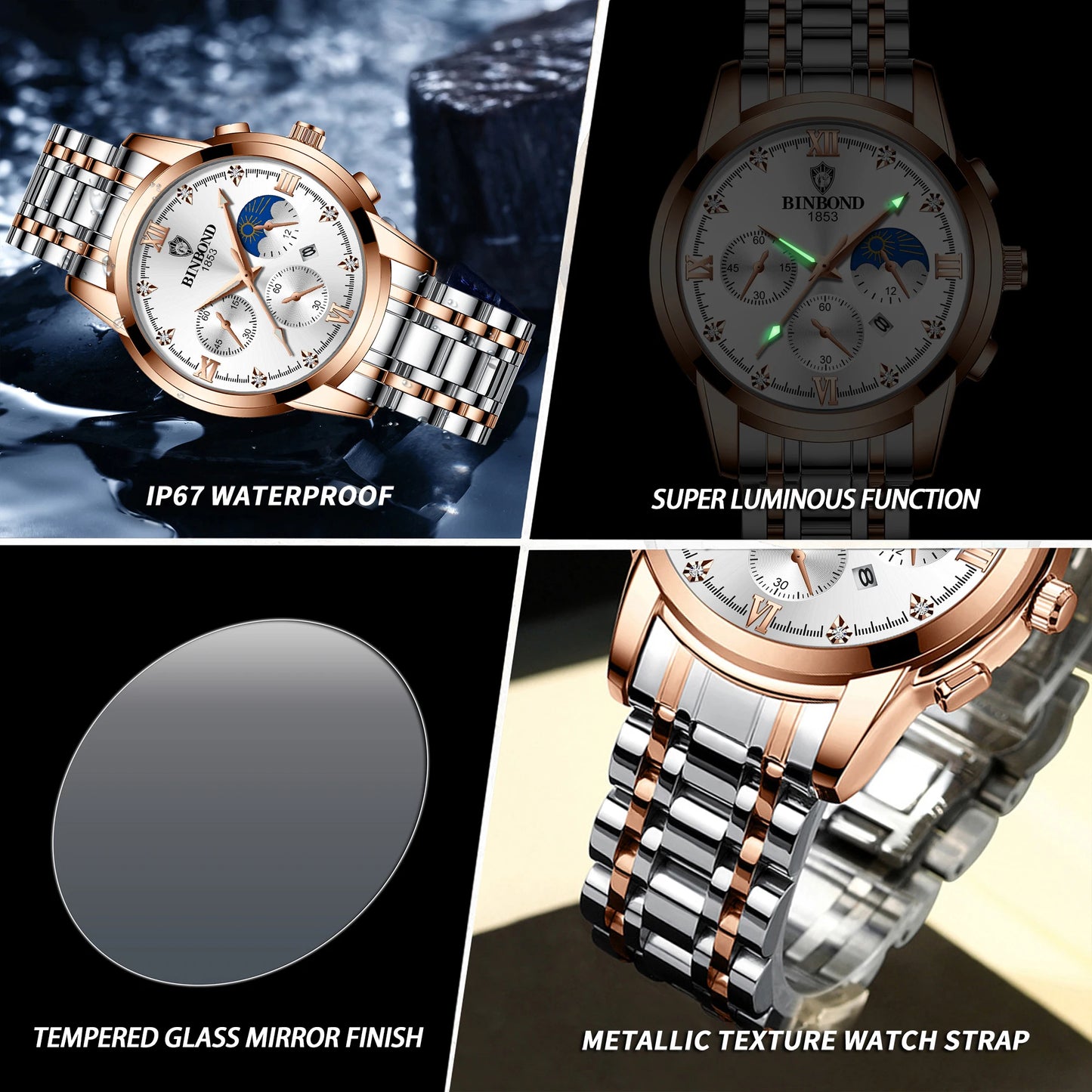 BINBOND Authentic Brand Precise Quartz Watches For Men Luxury Luminous Waterproof Sturdy Men's Watch Stainless Steel Reloj