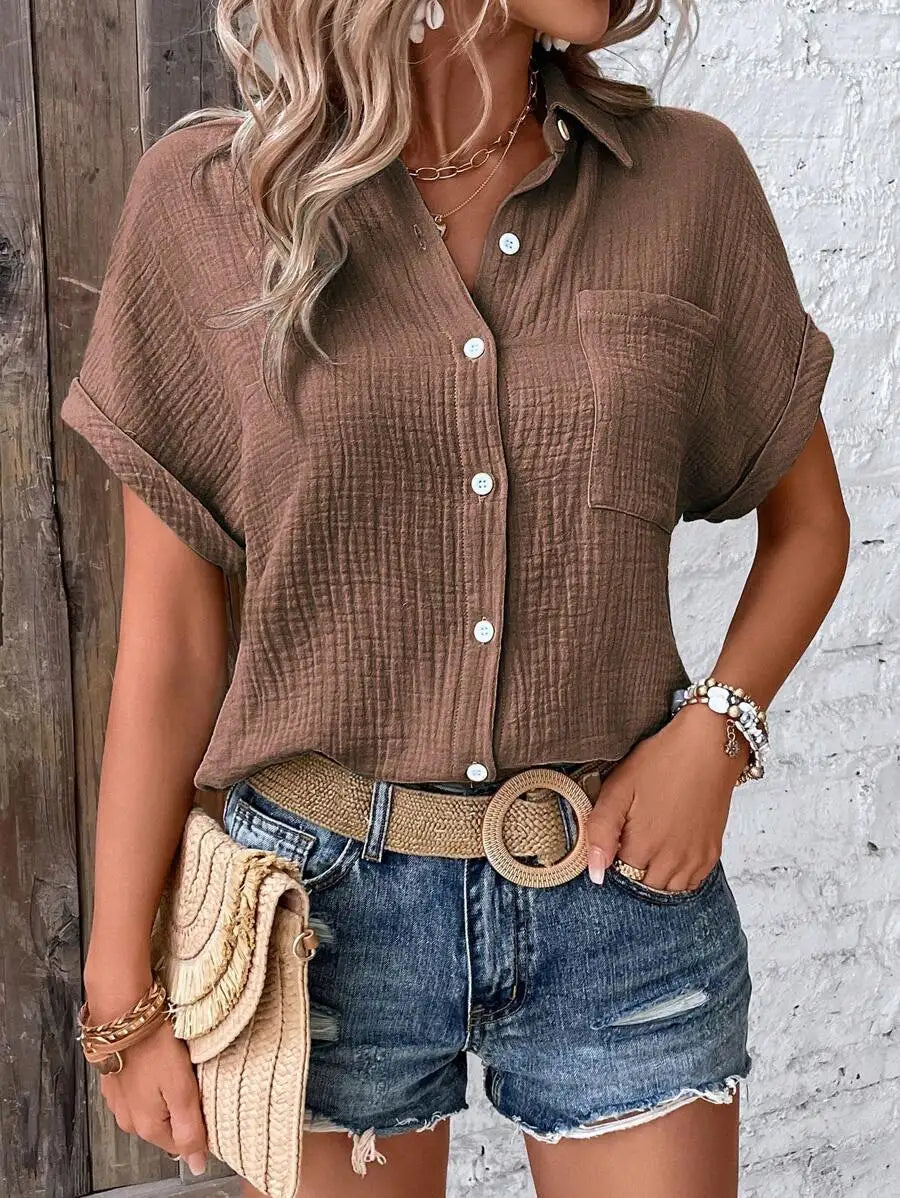 Women Casual Cotton Blouse Vintage Summer Short Sleeve Slim Shirt Elegant Turn Down Collar Solid Tunics Harajuku Streetwear Tops
