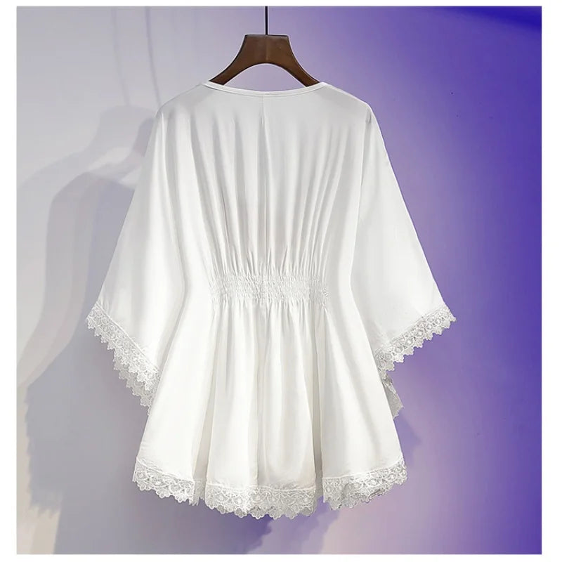 Women Summer Tees Retro Boho Style Print Crop Blouses Cloak Top Loose Cotton Lace Hem Bat sleeve Kimono Shirts Blusa Feminina