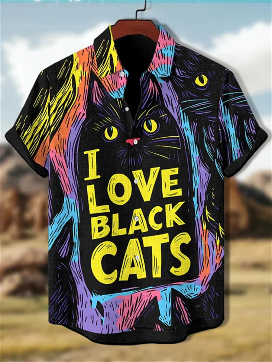 Men's blue and white color-blocked short-sleeved shirt with black cat print, collared casual outdoor vacation Hawaiian shirt.