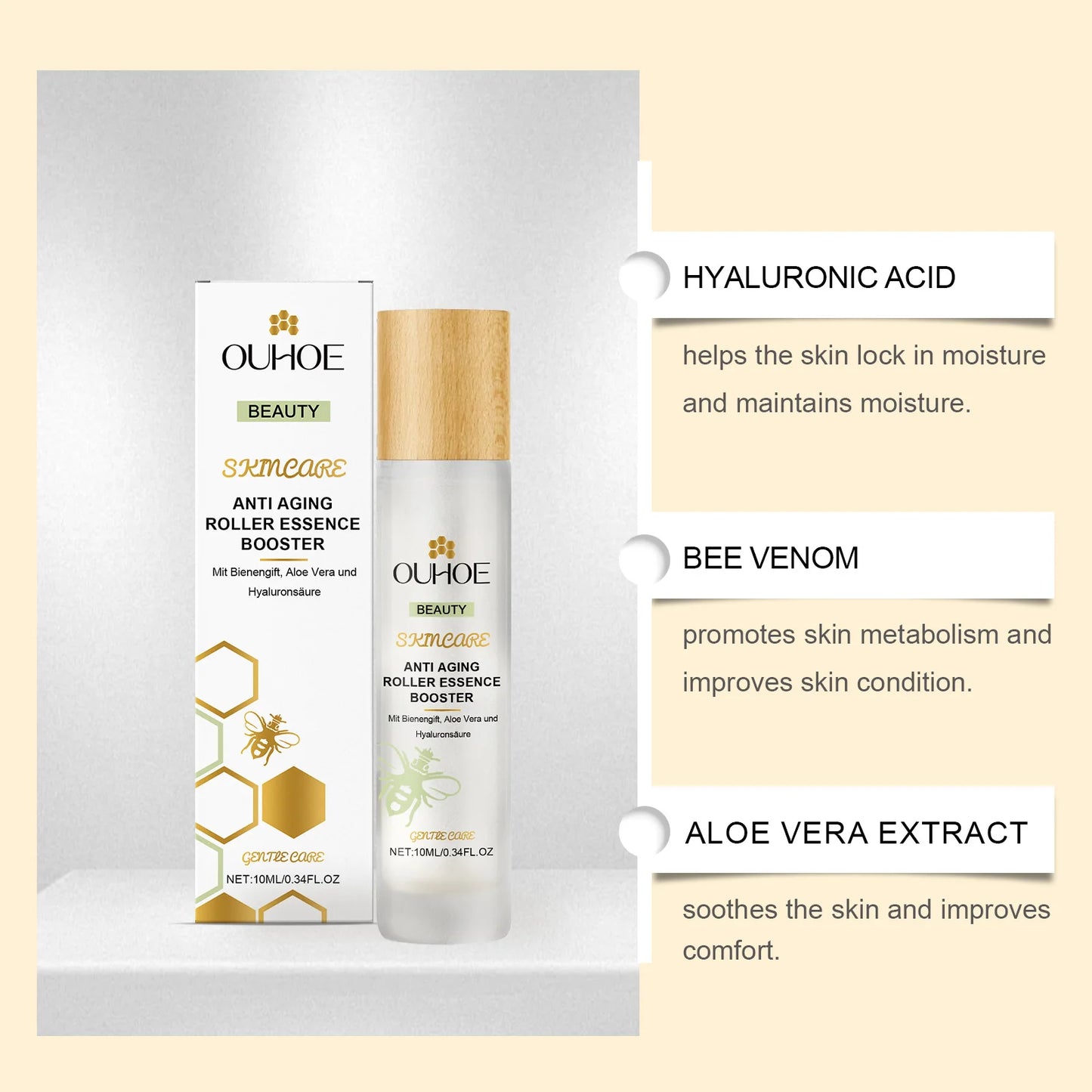 Anti Aging Roller Essence Bee Venom Booster Hyaluronic Acid Skin Firming Fine Lines Improvement  Facial Massage Skincare Serum