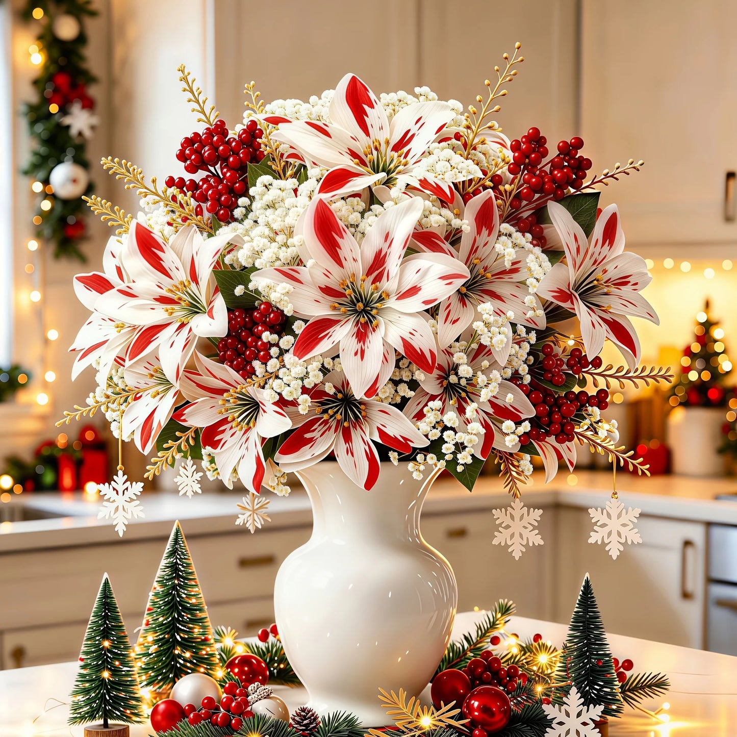 7-Piece Christmas Red and White Poinsettia Artificial Flower Bouquet, with Baby's Breath, Holiday Floral Set! Suitable for Fireplaces, Stair Railings, Dining Tables, Bedroom Vases, Balcony Flower Pots, and Stage Backdrops, Ha