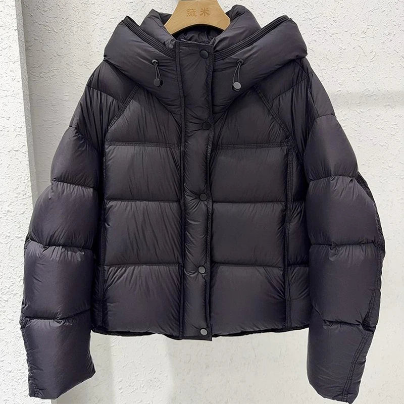 Women Solid Hooded Glossy Padded Jacket Long Sleeve Stand Zipper Fluffy Warm Coat Autumn Winter 2025 Chic Casual Street Jackets