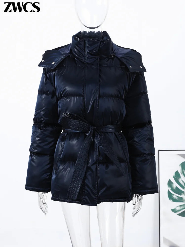 Warm Glossy Hooded Lace-up Cotton Coats Women's Casual Zipper Bottons Belted Overcoat 2026 Winter New Female Solid Streetwear