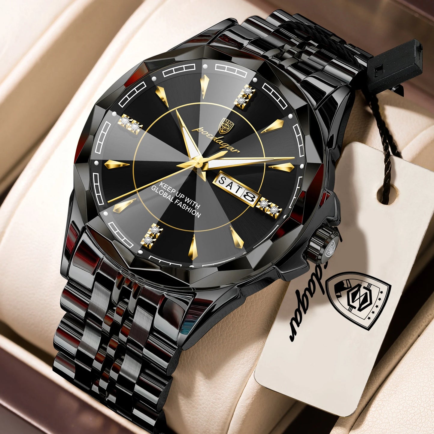 POEDAGAR Top Business Man Wristwatch Waterproof Luminous Luxury Men Clock Date Week Stainless Steel Fashion Men's Quartz Watches