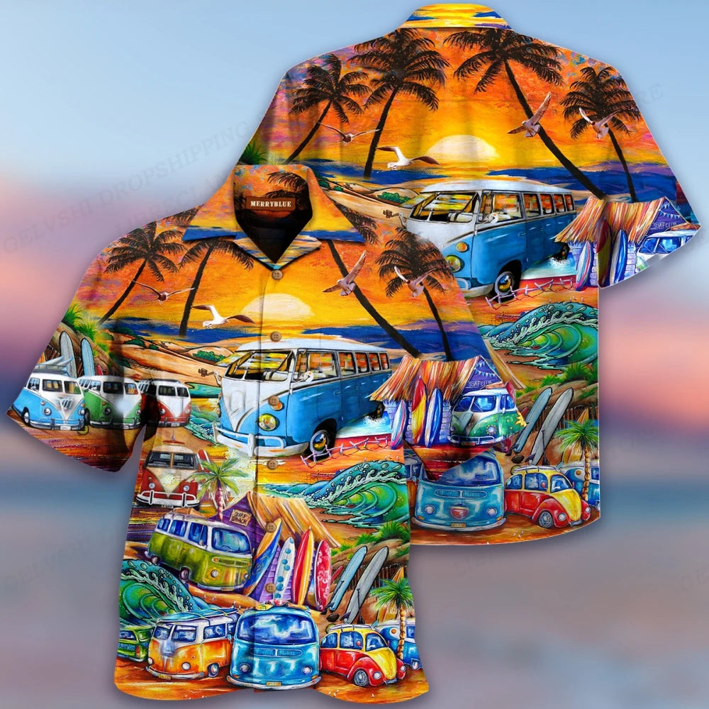 Men's Shirt Vocation Bus 3d Print Men Fashion Shirts Single-Breasted Short Sleeve Hawaiian Beach Dart Blouse Clothes