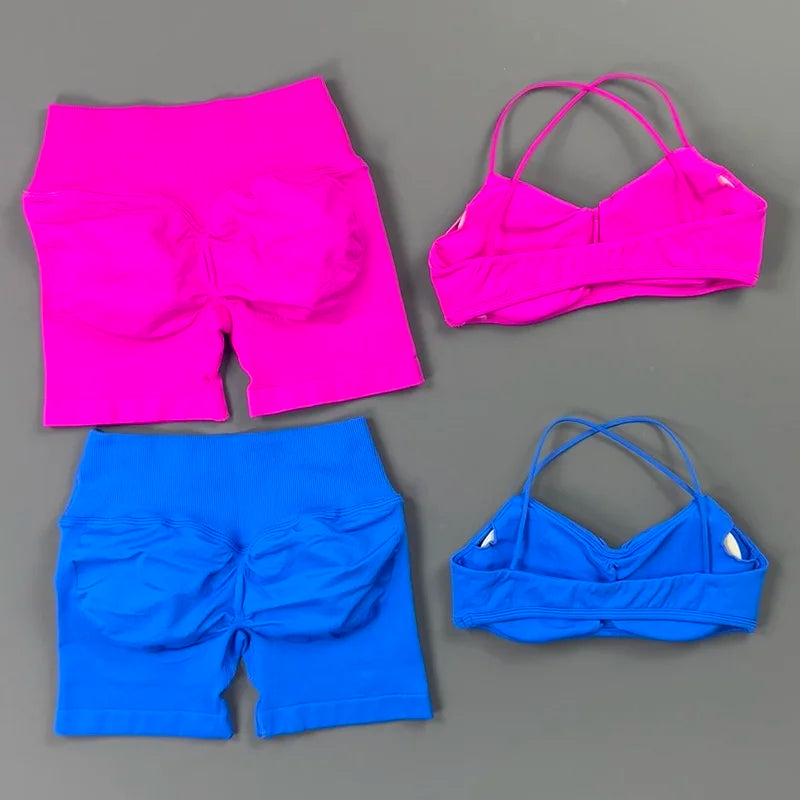 2 Piece Yoga Set Women Criss‑Cross Back Straps Bralette Crossover Waist Yoga Shorts Buttery-Soft Gym Training Workout Activewear