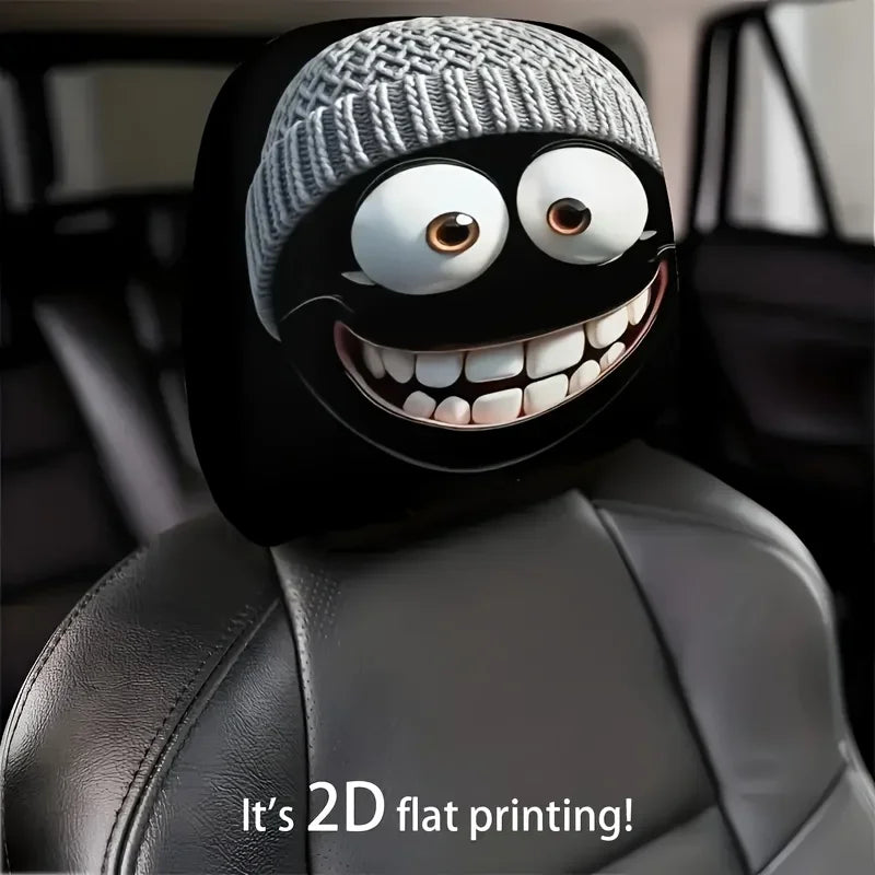 Grey Funny Smiling Face Car Headrest Cover, Double-sided Print - No Filling Material, Easy Installation - Interior Decoration