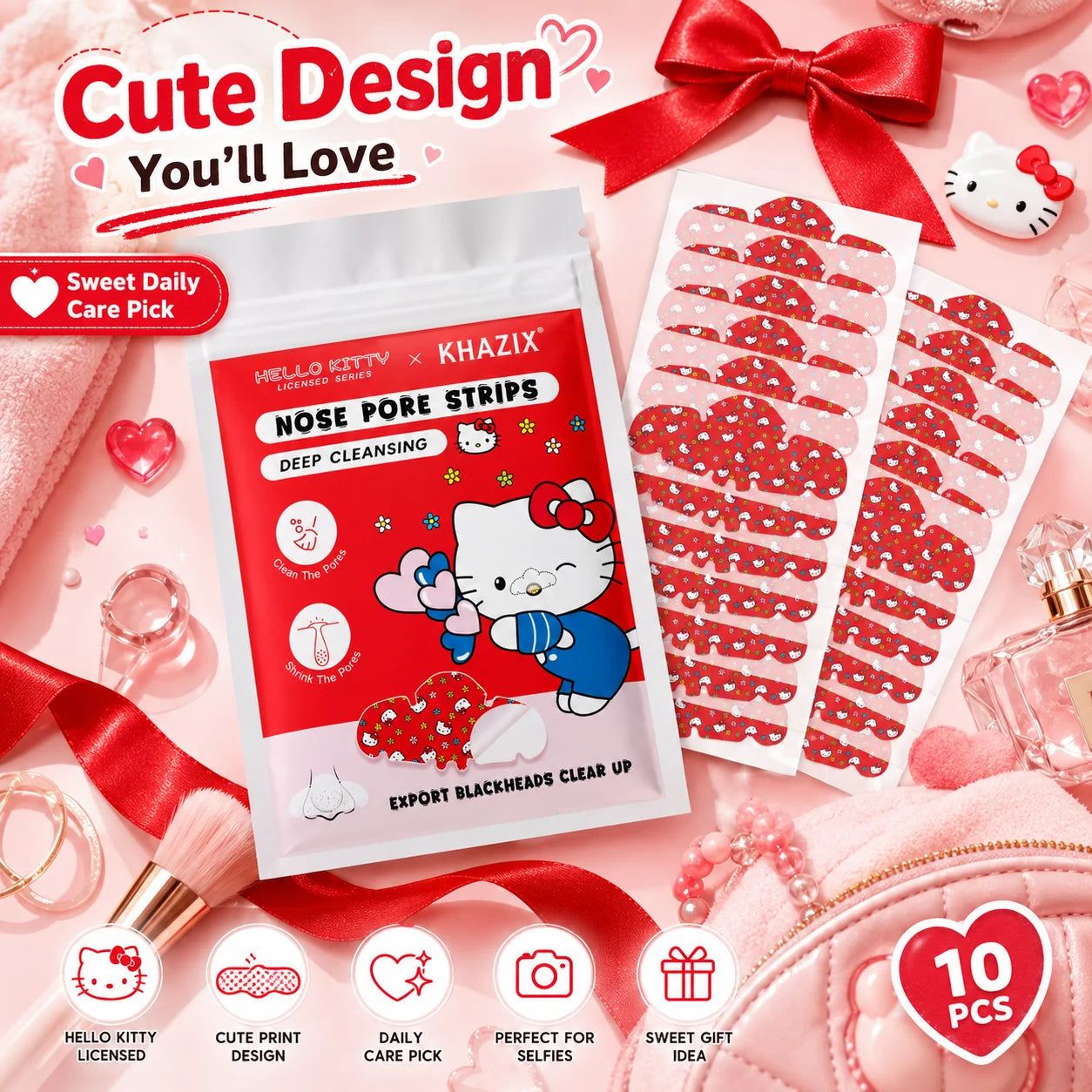 10pcs Hello Kitty Nose Pore Strips 10PCS Cute Cartoon Design Nose Stickers Kawaii Beauty Care Gift for Women