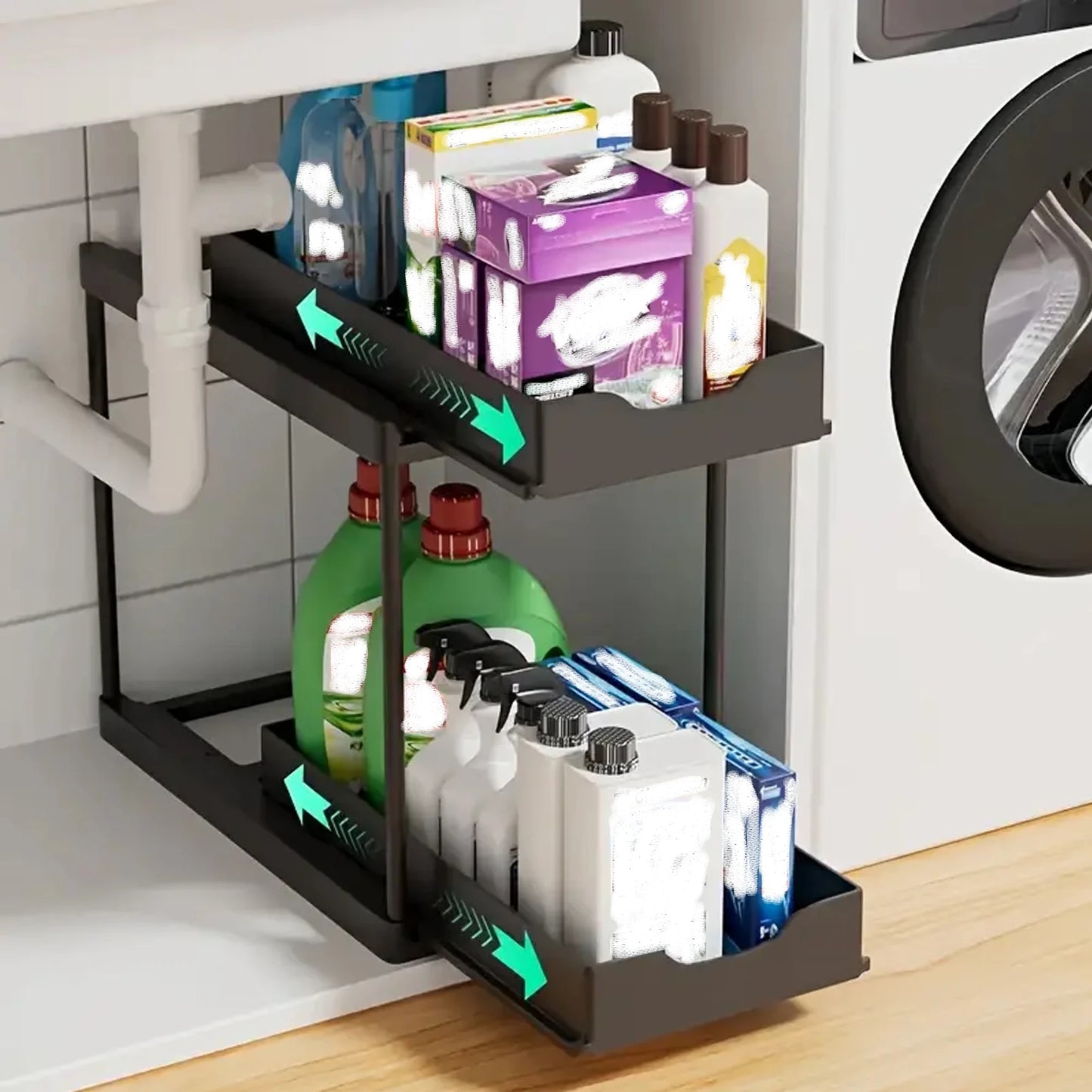 2-Tier Sliding Pull Out Kitchen Storage Rack PP Drawer Organizer for Under Sink Cabinet Bathroom Countertop Space Saving Basket