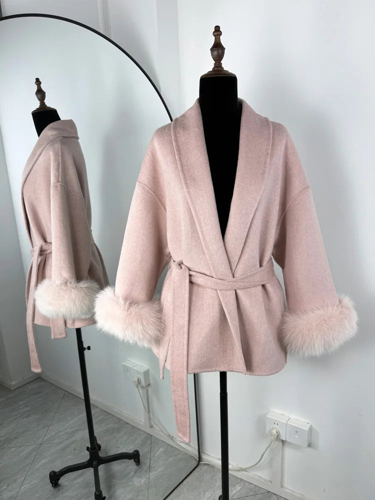 Tossy Fox Fur Wool Overcoat Women's Short Coat Office Lady Elegant Double-sided Woolen Coat 2025 New Cardigan Jackets Loose Wool