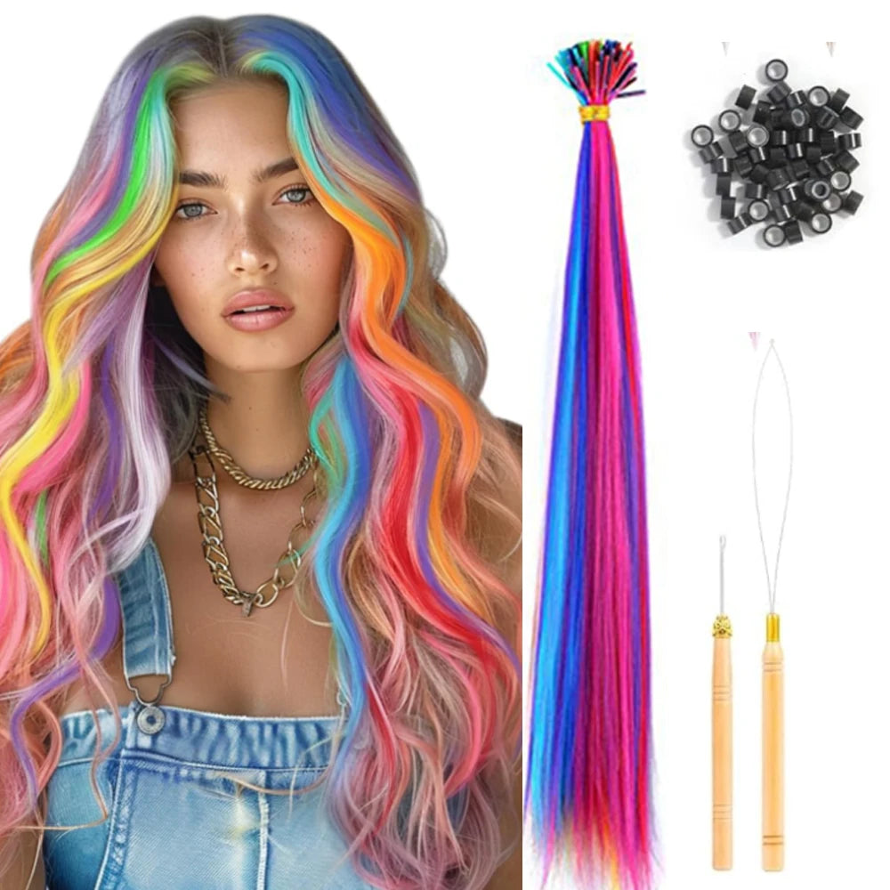 50 Pcs Hair Feathers with Hair Extension Tools,Long Straight Synthetic Hair Feather Extensions Kit with Beads for Women Girls