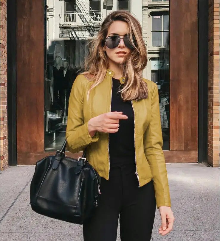 2025 Women Bike Coat PU Leather Outwear Zipper Outfit Autumn Winter Wome Fashion Short Thin Female Jacket