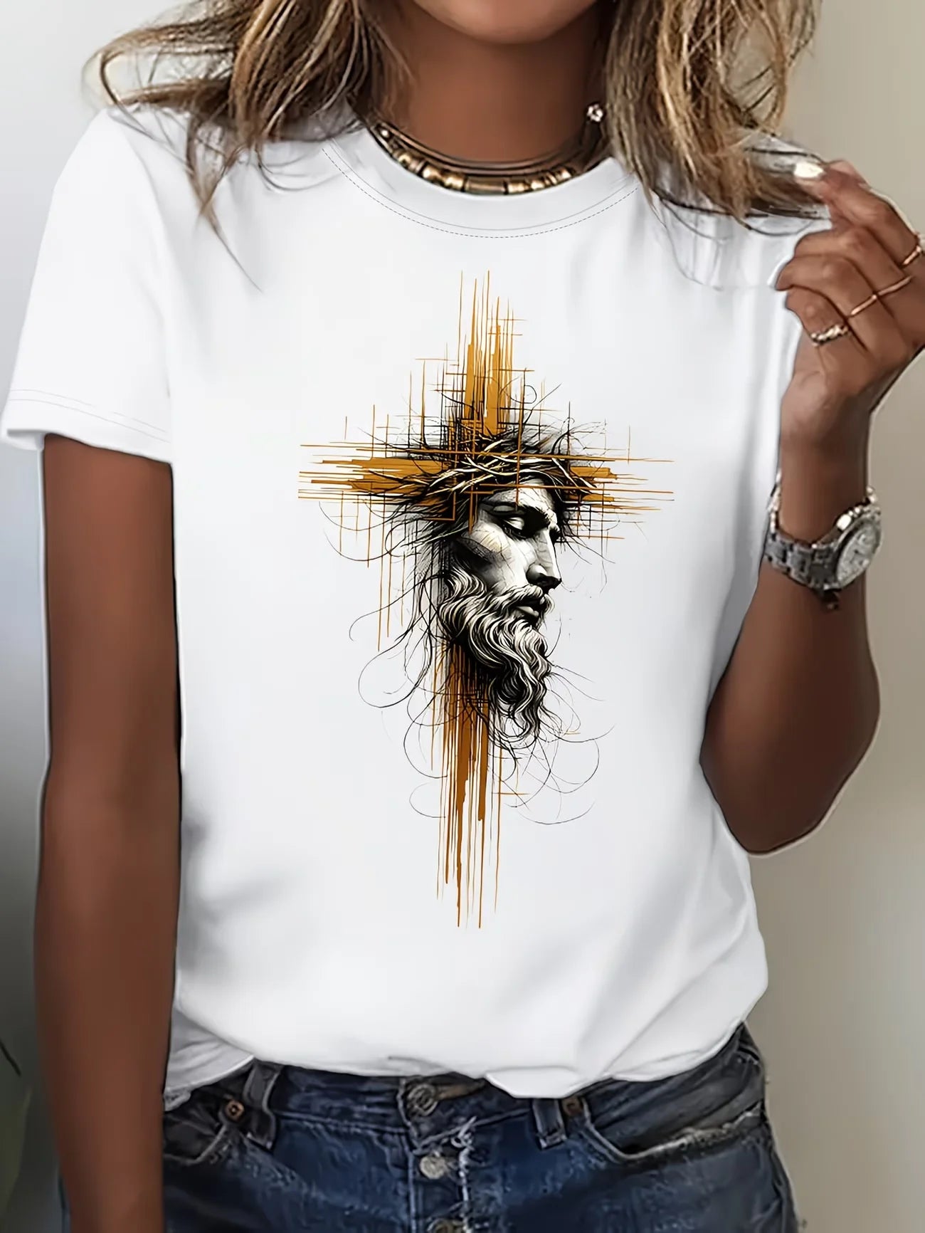 Crew Neck Short Sleeve Jesus Cross Print T Shirt Women's Outfits Casual Streetwear Retro T shirts For Lady